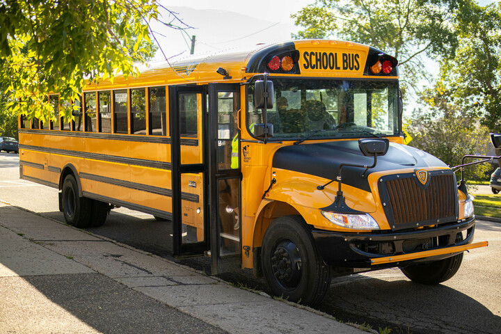 A school bus parked outside of Duclos School in Bonnyville, Alberta.